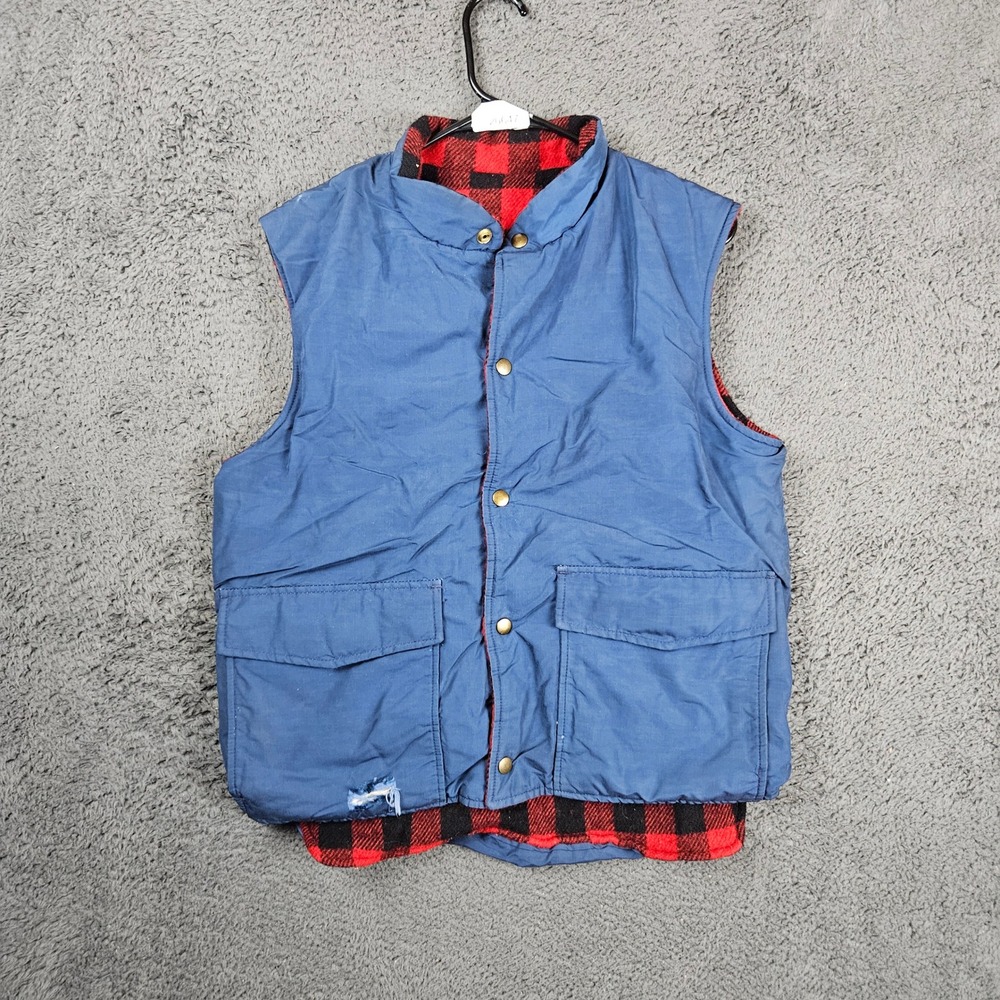 Vintage LL Bean Vest Mens Medium Navy Blue Red Buffalo‎ Plaid Wool 24B